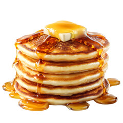 Stack of pancakes topped with butter and syrup, realistic texture and shine, soft morning light simulation, macro focus detail, white isolated background