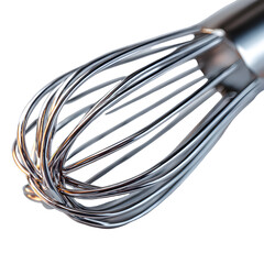 Stainless steel kitchen whisk, wire reflections and handle texture, cinematic lighting with soft shadow, ultra-sharp realism, white isolated background