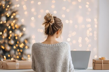 Woman Working on Laptop During Christmas Holidays