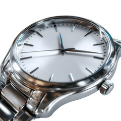 Stainless steel wristwatch macro close-up, polished reflection and dial detail, cinematic shadow depth, hyperrealistic 8k studio lighting, white isolated background