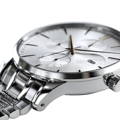 Stainless steel wristwatch macro close-up, polished reflection and dial detail, cinematic shadow depth, hyperrealistic 8k studio lighting, white isolated background