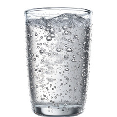 Transparent glass filled with soda and bubbles, realistic condensation droplets, cinematic lighting and refraction, hyperrealistic clarity, white isolated background