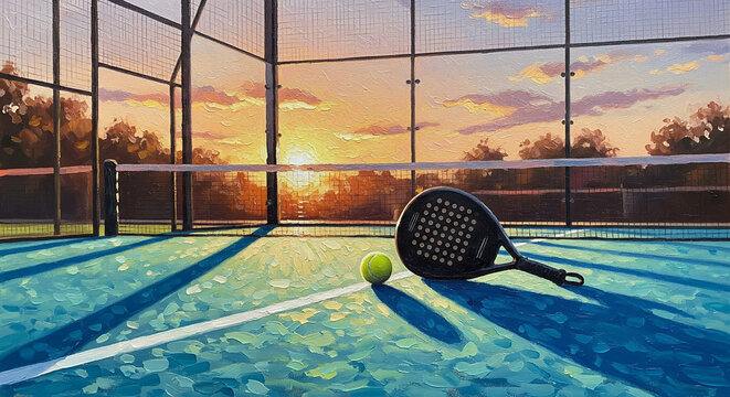 Padel Tennis Court with Racket and Ball at Sunset with Dramatic Sky