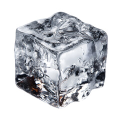 Transparent ice cube macro close-up, visible air bubbles and light refraction detail, high-dynamic lighting setup, white isolated background