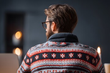 Bearded Man in Patterned Sweater with Cozy Bokeh Background