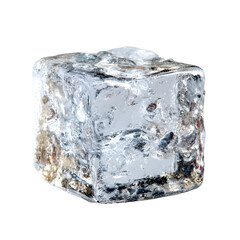 Transparent ice cube macro close-up, visible air bubbles and light refraction detail, high-dynamic lighting setup, white isolated background