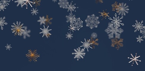 Elegant winter background with illustrated snowflakes falling against a dark blue backdrop. Perfect for seasonal designs, Christmas a