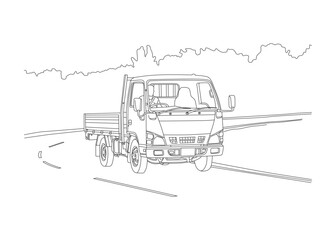 Line art illustration of a pickup truck driving on a highway with a driver inside,
suitable for coloring books, transportation concepts, and vector design projects.