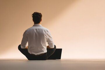Man in White Shirt Meditating with Laptop