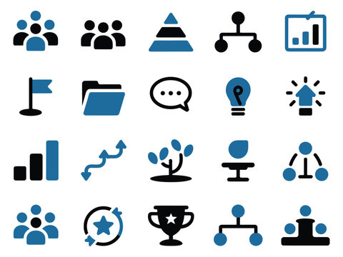 A collection of blue and black icons representing teamwork, growth, and success.