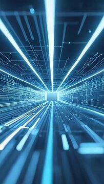Vertical video: Camera racing through data tunnel, circuits and neon beams streaking toward portal
