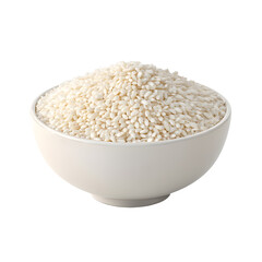 White ceramic bowl filled with rice, soft shadows and realistic texture of grains, cinematic lighting focus, white isolated background