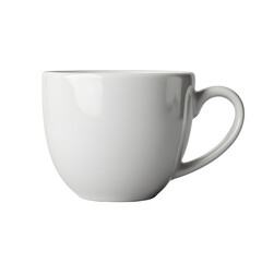 White ceramic coffee cup tipped slightly, shadow under handle visible, soft natural lighting balance, ultra-detailed realism, white isolated background