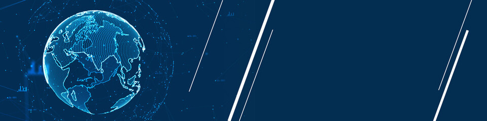 Futuristic digital globe with glowing blue technology lines on dark background, creating a modern high-tech banner layout for global network and innovation themes.