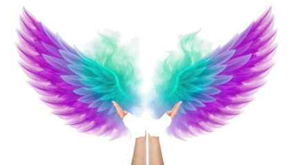 Hands holding vibrant multicolored abstract wings, ethereal beauty symbol isolated on white background