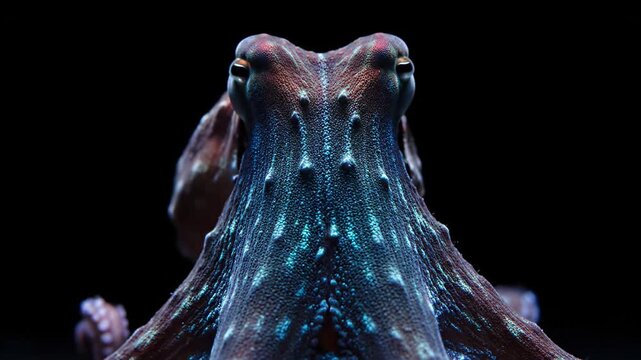 Close up view of a vibrant purple and blue octopus breathing. The creature's textured skin and mantle pulsate against a dark background