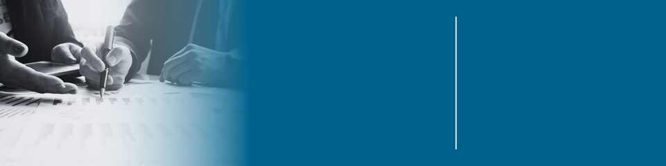 Business team collaborating on project strategy with documents and digital tools on desk, creating professional corporate banner background for presentations.