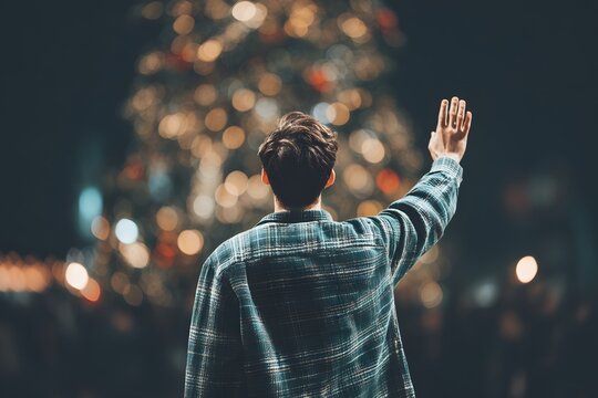 Person with Raised Hand Against Festive Bokeh Lights