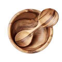 Wooden spoon and bowl set, rich natural grain detail, smooth surface polish, overhead soft lighting for realism, white isolated background