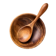 Wooden spoon and bowl set, rich natural grain detail, smooth surface polish, overhead soft lighting for realism, white isolated background