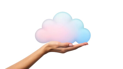 Hand holding glowing pastel cloud, symbol for data storage technology. isolated on white background
