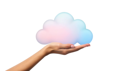Hand holding glowing pastel cloud, symbol for data storage technology. isolated on white background