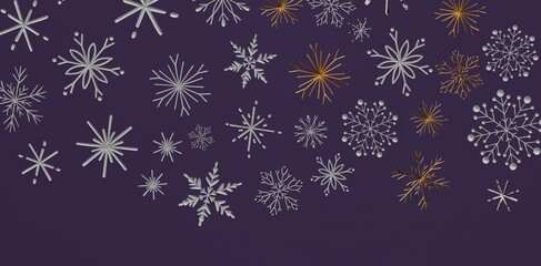 A beautiful snowflake pattern in shades of silver and gold on a dark purple background. Perfect for holiday design, winter season dec