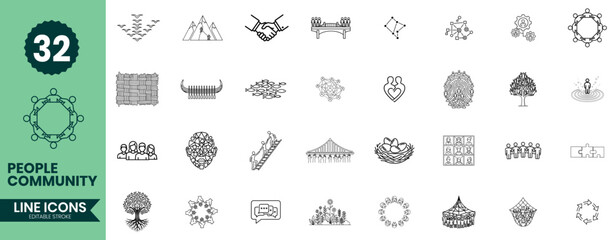 People Community Line Icons Set 32 Symbols of Society, Teamwork, Culture & Human Connection