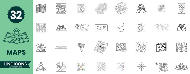 Maps Line Icons Set 32 Navigation, GPS, Geography, Location, and Travel Outline Vector Symbols