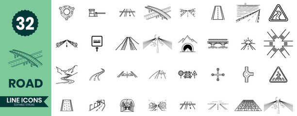 Road Line Icons Set 32 Highway, Bridge, Traffic, Infrastructure, and Transportation Outline Symbols