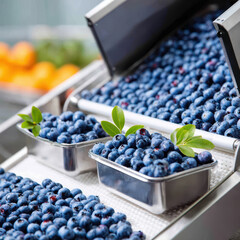 Fresh blueberries being sorted and packaged in a processing facility with green leaves for freshness