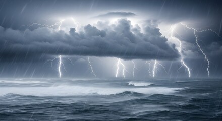 Dramatic lightning strikes over the ocean during a powerful thunderstorm