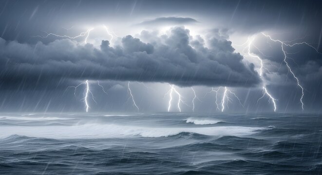 Dramatic lightning strikes over the ocean during a powerful thunderstorm