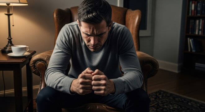 A man sitting in a chair with his head down and fists clenched, appearing deep in thought or prayer