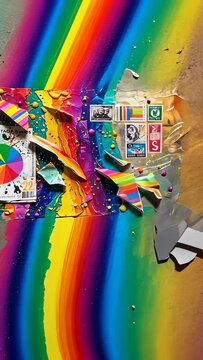 Vertical video: Gliding camera showcasing rainbow collage in studio with ephemera and metal paint