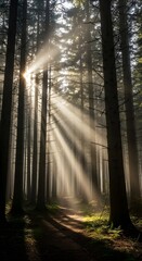 Sunlight shining through the trees in a dark forest creating light rays