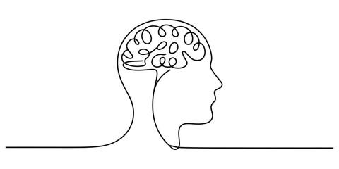 Continuous line art drawing of human head with brain concept