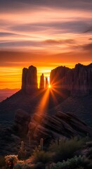 Sunburst at sunset over the iconic red rock formations in sedona, arizona