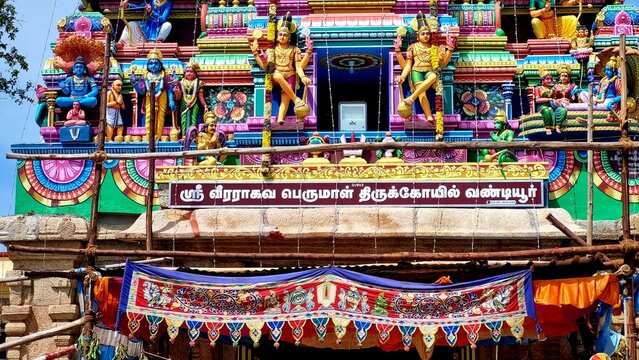 Madurai, Tamilnadu, india - October 26, 2025: Kumbabishekam (Samprokshanam) ritual being performed at Veeragava Perumal Temple in Vandiyur. Hindu temple consecration ceremony is held every 12 years