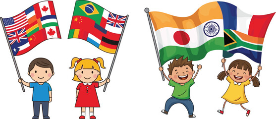 Happy children holding multiple country flags, celebrating world unity, international friendship, diversity, peace, cultural connection, global community, vector cartoon illustration