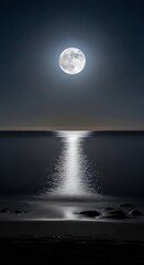 Full moon over the ocean at night with stars shining in the dark sky