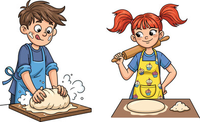 Happy kids baking bread and dough together, cute children cooking illustration, learning to make homemade bakery, fun kitchen activity