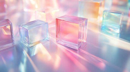 Colorful light reflections on transparent glass cubes arranged artistically on a smooth surface during pastel sunrise