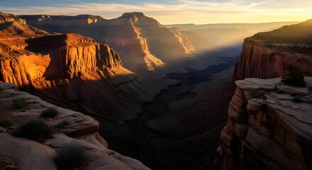 Grand canyon landscape with sunlight and shadows in the morning light