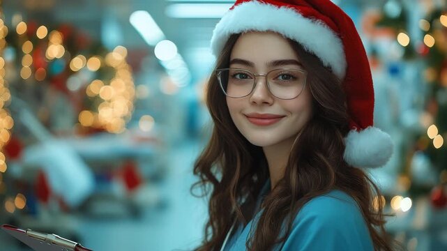 A Christmas Miracle Worker A beautiful nurse smiles in a festive hospital. A heartwarming portrait for holiday healthcare campaigns and seasonal greetings. - Powered by Adobe