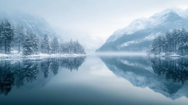 Serene winter landscape reflecting mountains and trees in a calm lake with misty atmosphere at dawn