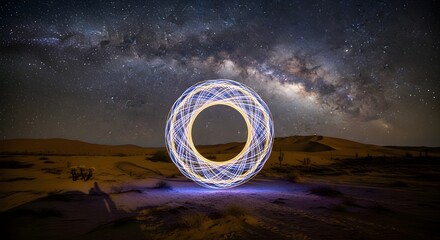 Abstract light painting of a circle in the desert under the milky way