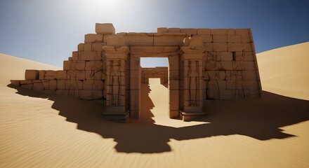 Ancient ruins of a building in the desert on a sunny day