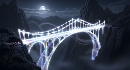 Fantasy bridge with glowing lights over a canyon at night