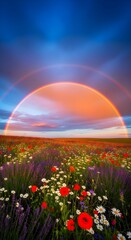 Beautiful rainbow over a field of wildflowers at sunset in the countryside
